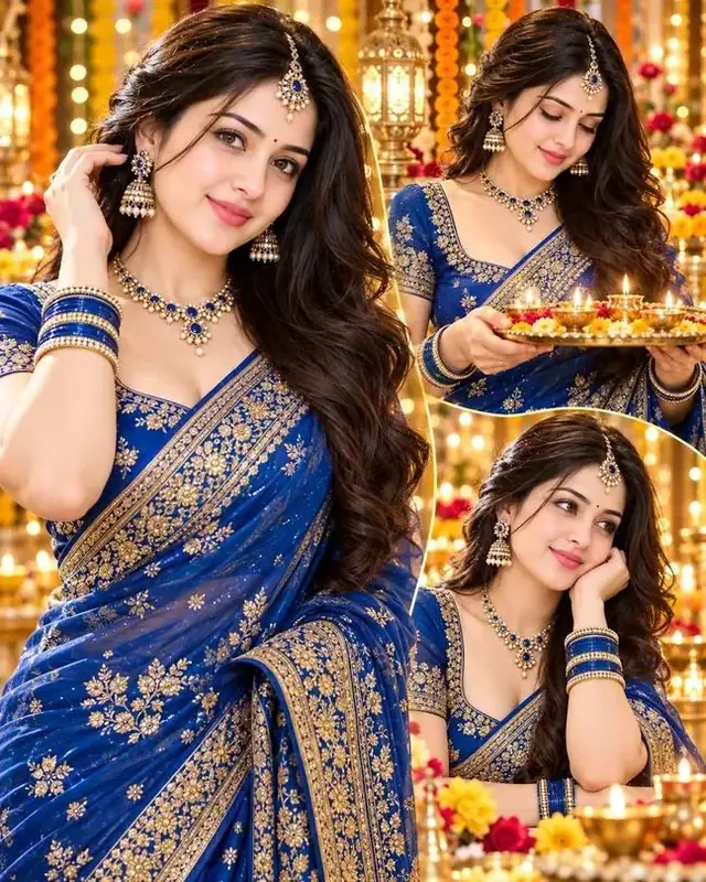 Royal Blue Elegance – A Festive Indian Beauty Portrait Collage 💙✨