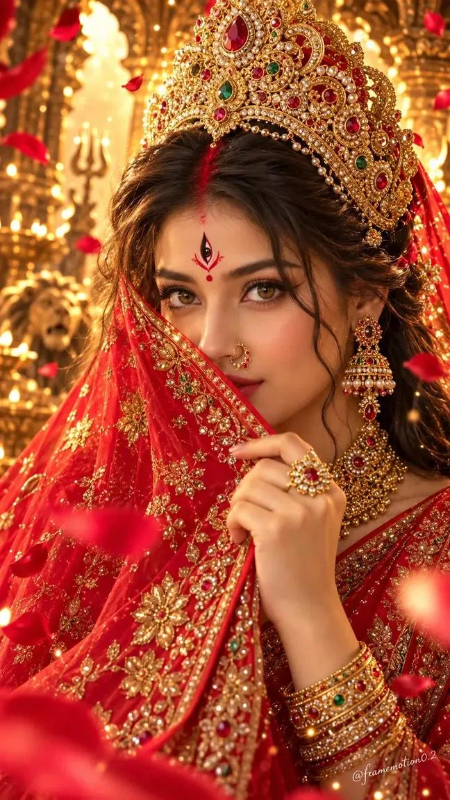 Maa Durga Divine Bridal Look, Red Banarasi Saree, Navratri Goddess AI Portrait