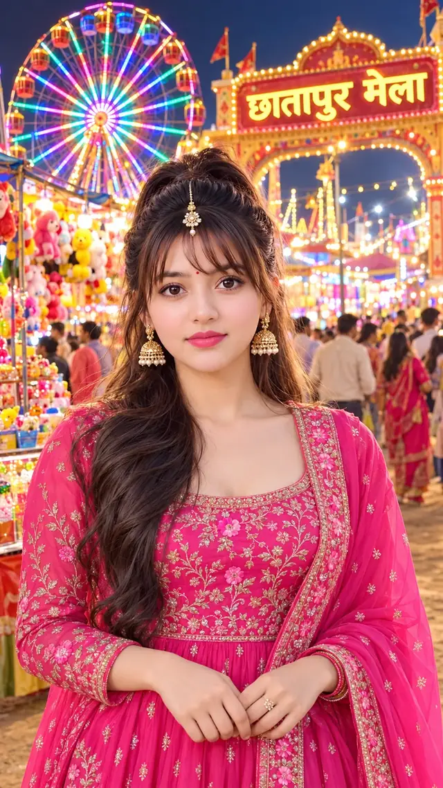 Beautiful Indian Girl in Pink Traditional Dress at Chhatarpur Mela – AI Photo Prompt