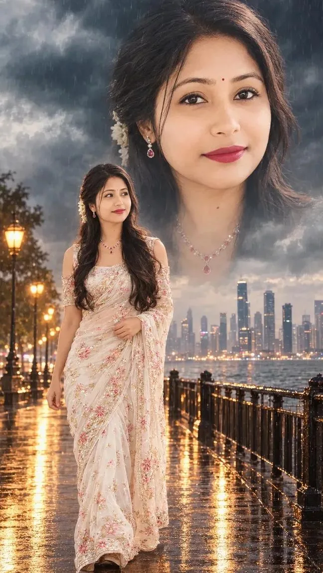 Beautiful Indian Girl in Floral Saree – Romantic Rainy Night AI Photo Collage Prompt