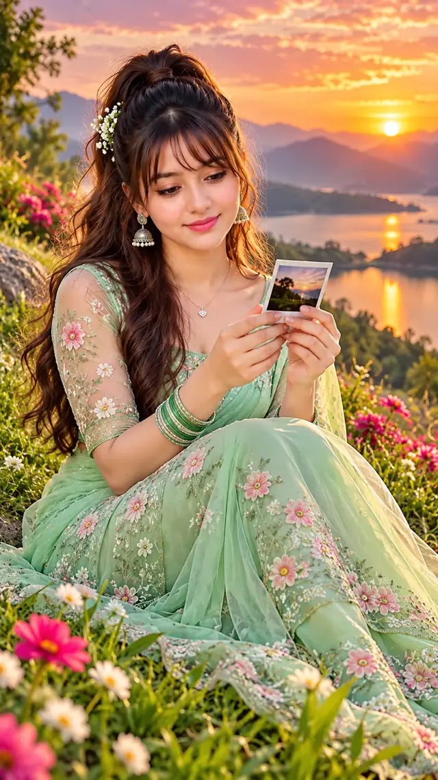 Romantic Sunset Memories – Green Saree Girl