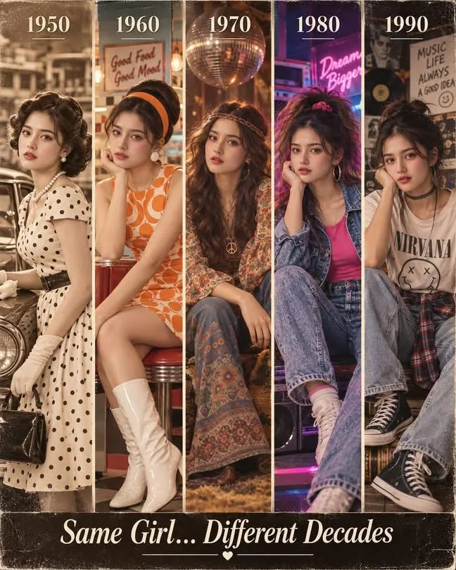 Same Girl Different Decades, 1950s to 1990s Retro Fashion, Vintage AI Photo Collage