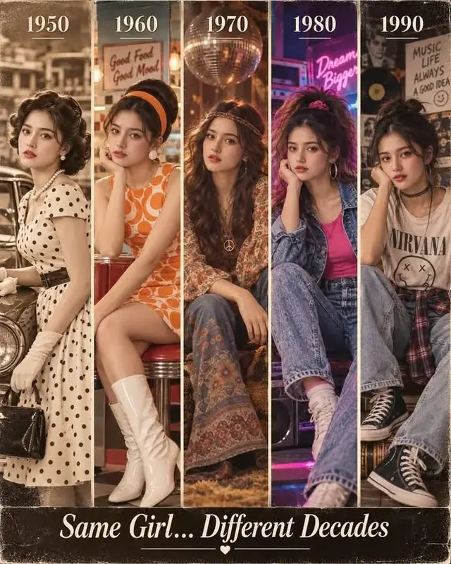 Same Girl Different Decades, 1950s to 1990s Retro Fashion, Vintage AI Photo Collage