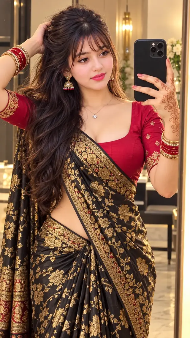 Beautiful Indian Girl in Black Banarasi Saree – Stylish Mirror Selfie