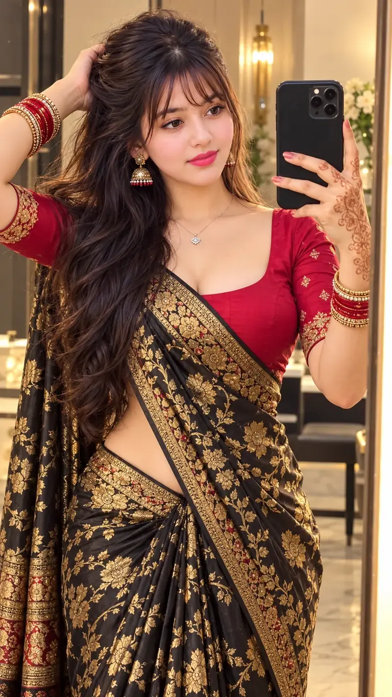 Beautiful Indian Girl in Black Banarasi Saree – Stylish Mirror Selfie
