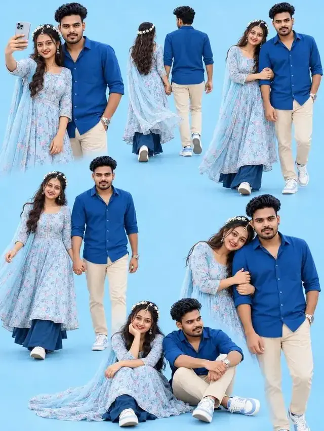 Romantic Indian Couple Blue Outfit 6 Pose AI Photo Collage Prompt