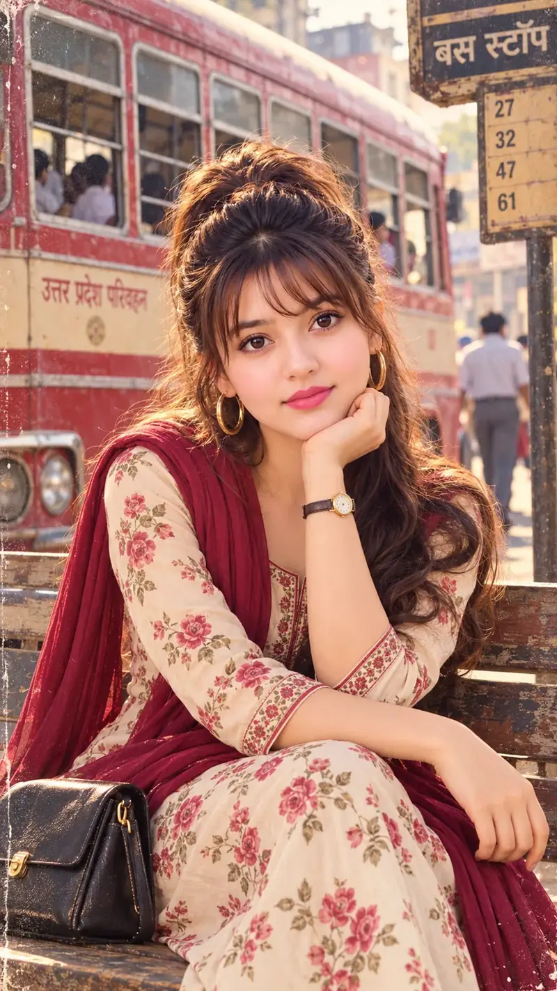 1985 Retro Bollywood Girl – Vintage Bus Stop Portrait