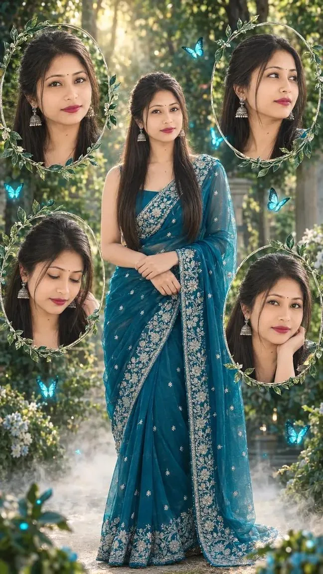 Beautiful Indian Girl in Teal Blue Saree – Fantasy Garden AI Photo Collage Prompt