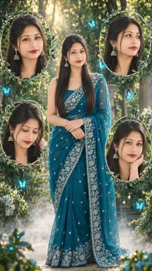 Beautiful Indian Girl in Teal Blue Saree – Fantasy Garden AI Photo Collage Prompt