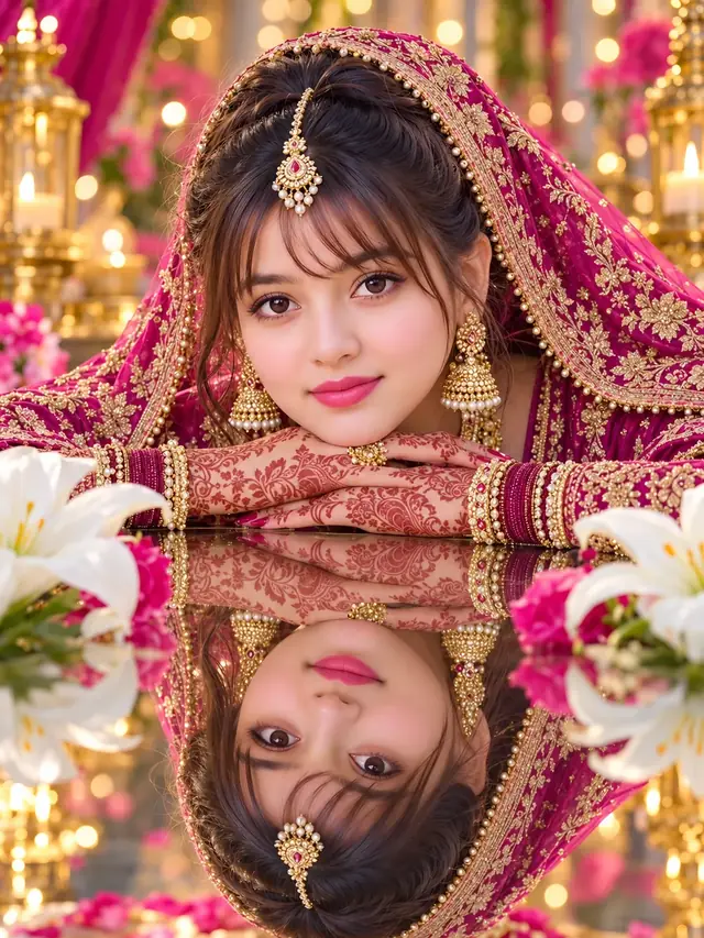 Priyanka Royal Magenta Bridal Portrait with Mirror Reflection | Indian Bridal Mehendi Photography