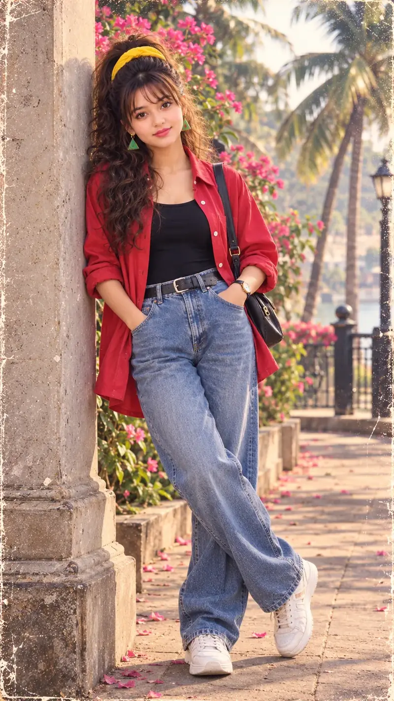 90s Retro Fashion Queen – Vintage Jeans & Red Shirt Portrait