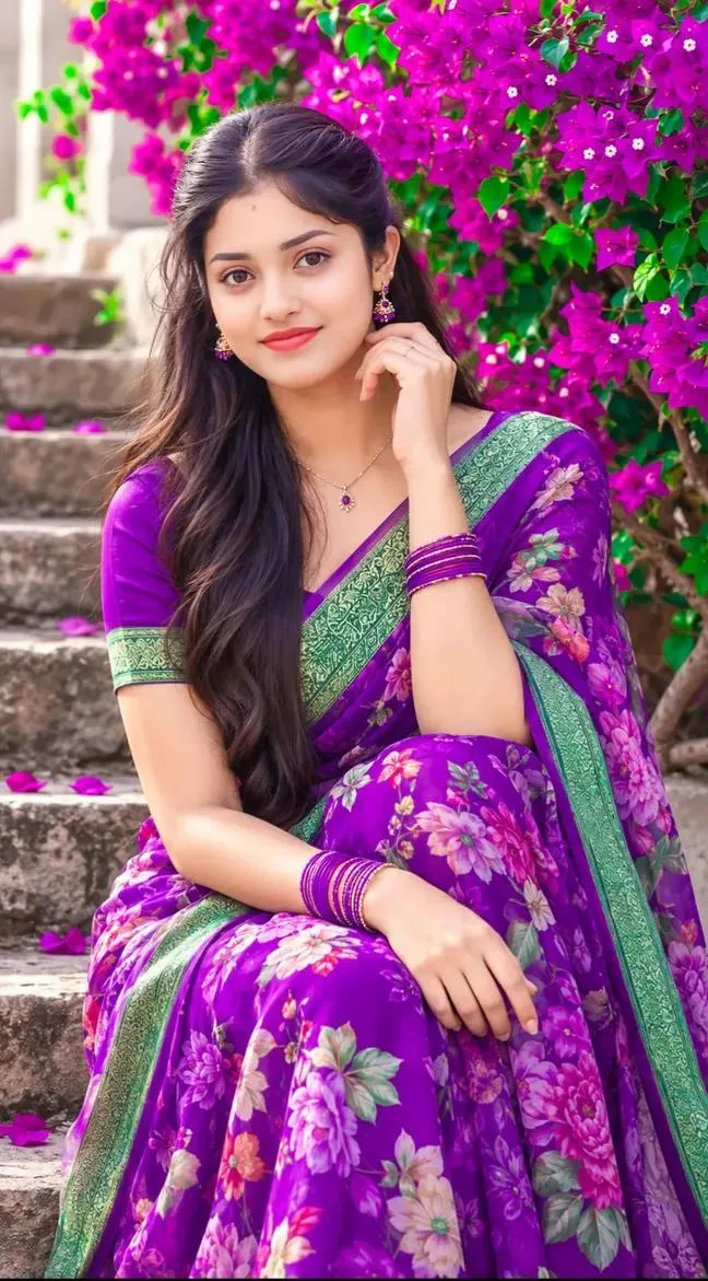 Beautiful Indian Girl in Purple Floral Saree – Bougainvillea Garden Traditional Portrait