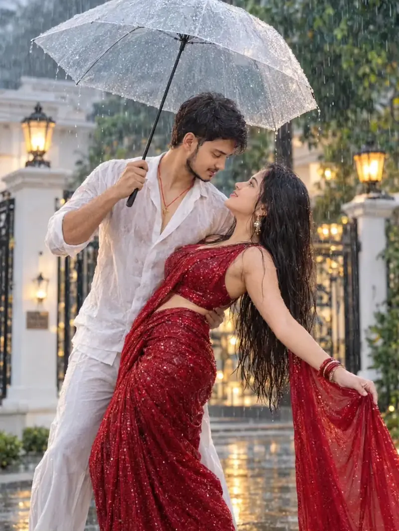 Romantic Rain Couple – Red Saree Love Story