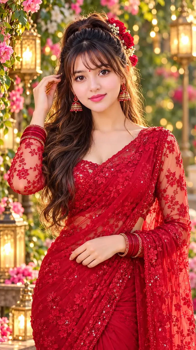 Royal Red Lace Saree Queen – Romantic Garden Portrait