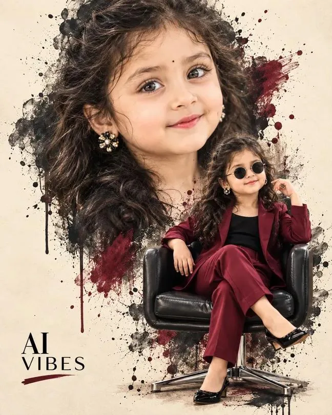 Priyanka Cute Little Girl Maroon Boss Baby Suit | AI Vibes Double Portrait Collage